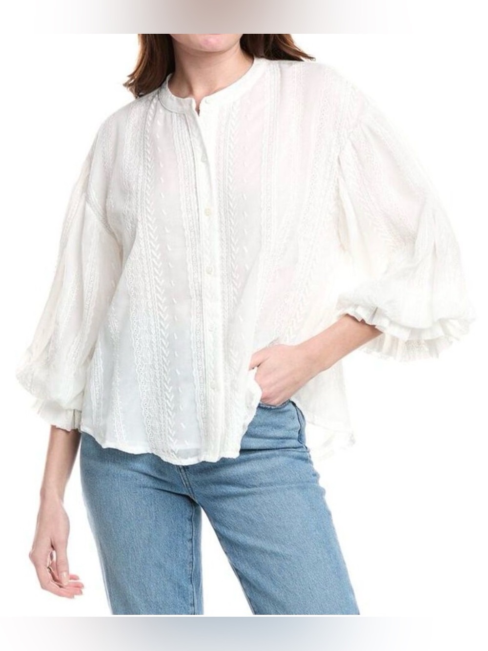 Fate Womens Broderie Voile Cotton Bubble Boho Sleeve Blouse White Small